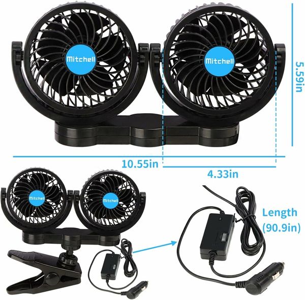 Car Fan 4 Inches Car Clip Fan, Adjustable Dual Head 12v Fan for Front or Rear Seat Passenger for Car Vehicle SUV, RV