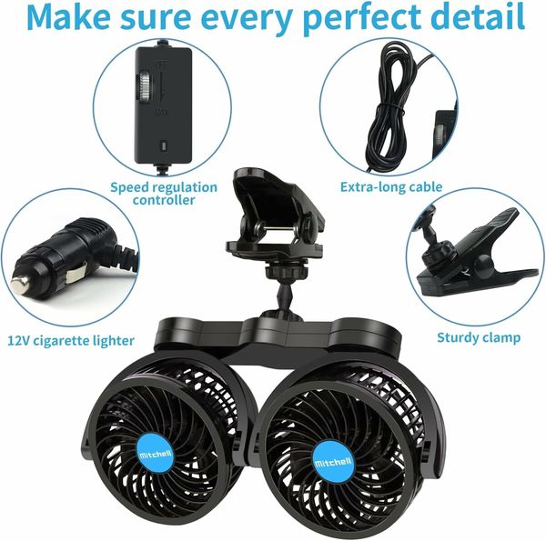 Car Fan 4 Inches Car Clip Fan, Adjustable Dual Head 12v Fan for Front or Rear Seat Passenger for Car Vehicle SUV, RV