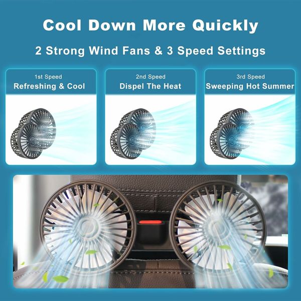 Car Seat Fan, Double Cooling Car Fan, Small Adjustable Portable Fan for Car Backseat for SUV Pickup Truck Off Road Vehicle