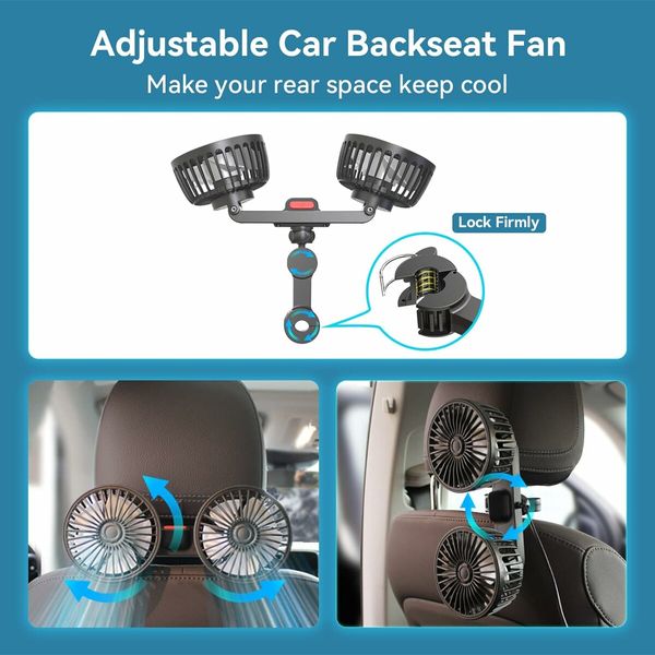 Car Seat Fan, Double Cooling Car Fan, Small Adjustable Portable Fan for Car Backseat for SUV Pickup Truck Off Road Vehicle