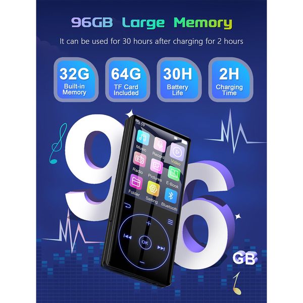 96GB MP3 Player with Bluetooth 5.0: Portable Lossless Sound Music Player with HD Speaker,2.4" Screen Voice Recorder,FM Radio,Touch Buttons,Support up to 64GB for Sport,Earphones Included