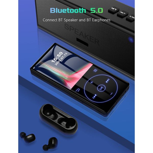 96GB MP3 Player with Bluetooth 5.0: Portable Lossless Sound Music Player with HD Speaker,2.4" Screen Voice Recorder,FM Radio,Touch Buttons,Support up to 64GB for Sport,Earphones Included