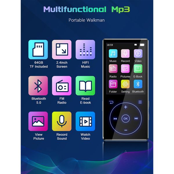 96GB MP3 Player with Bluetooth 5.0: Portable Lossless Sound Music Player with HD Speaker,2.4" Screen Voice Recorder,FM Radio,Touch Buttons,Support up to 64GB for Sport,Earphones Included