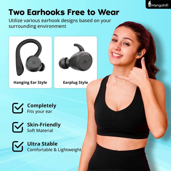 Bluetooth Headphones Wireless Earbuds IPX7 Waterproof Built-in Mic in/Over-Ear Earphones Bluetooth Earbud Perfect for Sports and Daily Use-Black