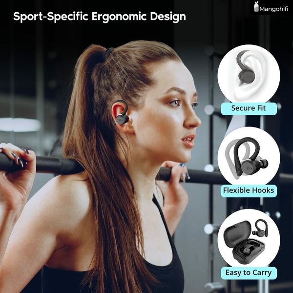 Bluetooth Headphones Wireless Earbuds IPX7 Waterproof Built-in Mic in/Over-Ear Earphones Bluetooth Earbud Perfect for Sports and Daily Use-Black