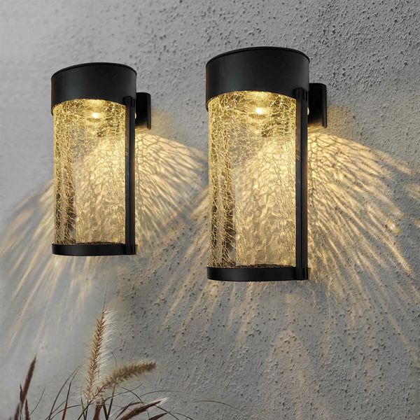 Outdoor Security Decorative Solar Outdoor Lights - Crackle Glass Patio and Fence Wall Lights Warm Light