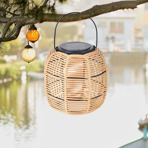 Outdoor Solar Lantern Hanging Lights Outdoor Tabletop Lamp Rattan Natural Lantern for Pathway Courtyard Patio Stair Garden