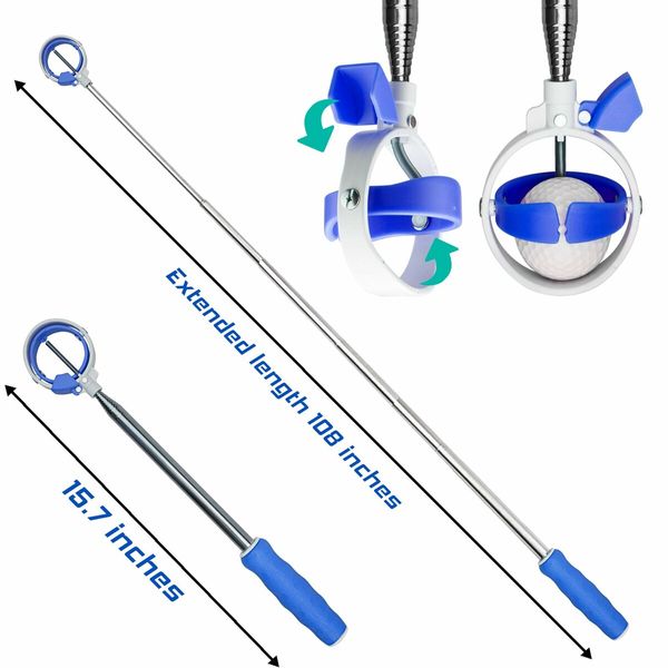 Golf Ball Retriever,Golf Ball Retriever Telescopic for Water with Spring Release-Ready Head,Ball Retriever Tool Golf with Locking Clip,Grabber Tool,Golf Accessories Golf Gift for Men (Blue)