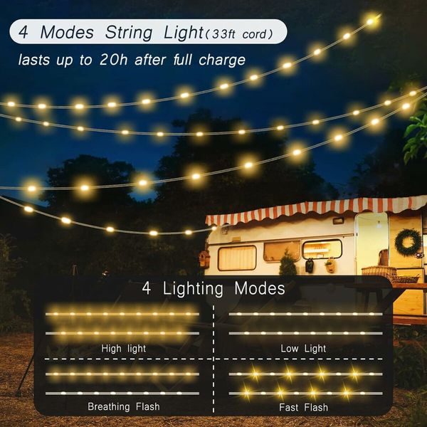 Camping String Lights Camping Lantern with String Light 10 Meters,USB Rechargeable Flashlights for Emergency, Camping, Hiking