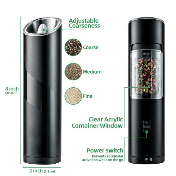 Gravity Electric Salt and Pepper Grinder Set,Adjustable Coarseness,Warm LED Light,One-handed Automatic Operation,Battery Powered,Black,Electric Pepper Mills (2Pack)