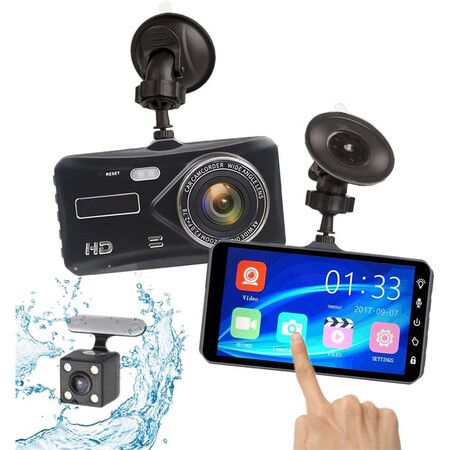 Driving recorder, 170° wide angle, supports loop recording, gravity sensor, parking lot monitoring 4-inch touch screen and full HD dual instrument camera 1080P HD night vision car DVR