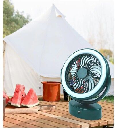 Green Portable Camping Fan, Small Tent Fan with Hanging Hook, 3000mAh USB Battery Fan with LED Lights for Desk, Bedroom, Travel & Emergency Kit