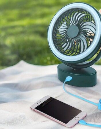 Green Portable Camping Fan, Small Tent Fan with Hanging Hook, 3000mAh USB Battery Fan with LED Lights for Desk, Bedroom, Travel & Emergency Kit