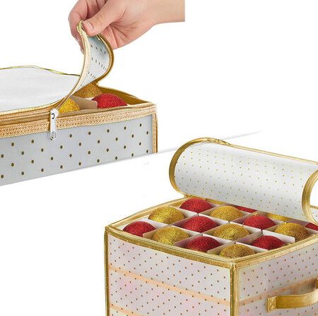 Christmas Baubles Storage Box, Bag Store Up to 64 Baubles, 4 Layered Box, Organizer 30 x 30 x30 cm (Golden)