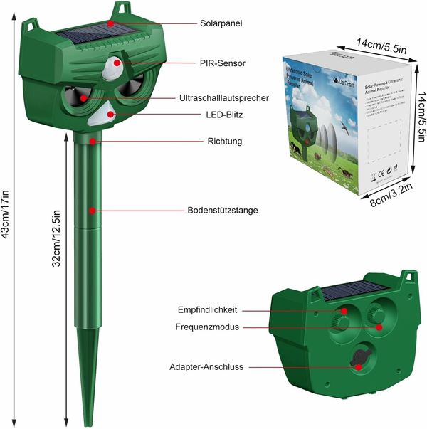 Ultrasonic Cat Deterrent, Solar Animal Repellent, Ultrasonic Repellent for the Garden, Yard