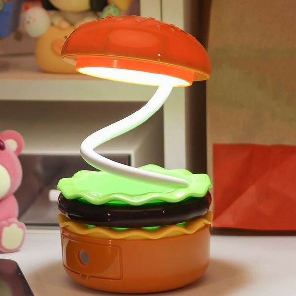 Small Desk Lamp Hamburger Cute Night Light, Foldable Rechargeable Kids Table Lights Novelty Reading Lamps with Pencil Sharpener Gift for Kids