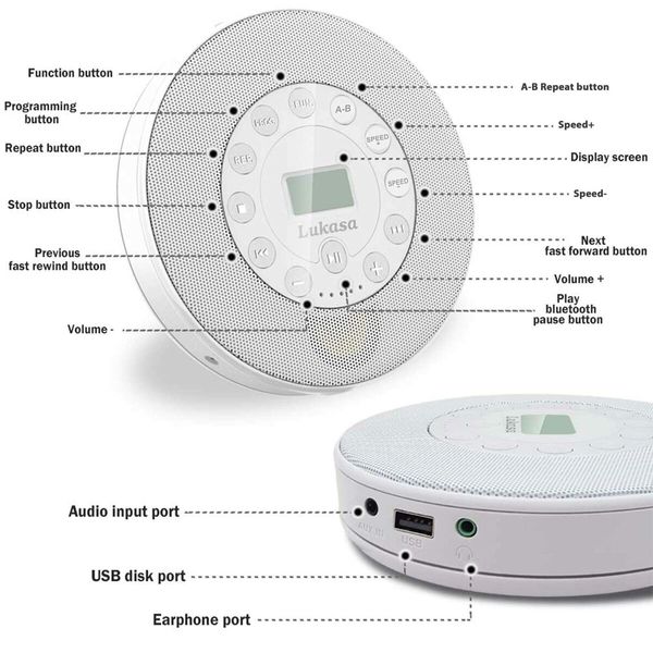 Portable CD Player Built-in Speaker Stereo, Personal Walkman MP3 Players 2000mAh Rechargeable Compact Car Disc CD Music Player USB Play Anti-Shock Protection (White)