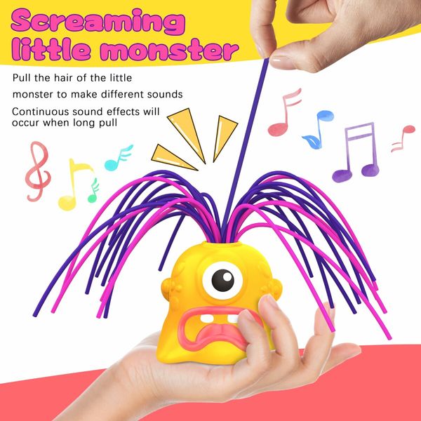 2PCS Fun Hair Pulling Fidget Screaming Monster Toys,Anti Anxiety Toys and Venting Novelty Toys,Different Screams Made by Hair Pulling,Age3+ (Yellow&Purple)