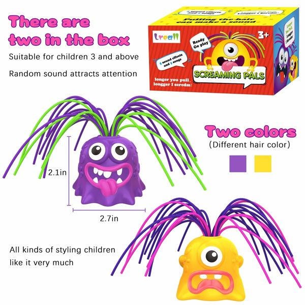 2PCS Fun Hair Pulling Fidget Screaming Monster Toys,Anti Anxiety Toys and Venting Novelty Toys,Different Screams Made by Hair Pulling,Age3+ (Yellow&Purple)