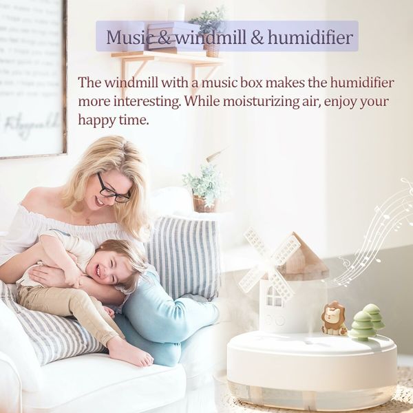 Rotary Windmill Humidifier with Night Light for Bedroom and Office Cold fog humidifier with Music Box , Wireless Humidifier Dual nozzle(White)