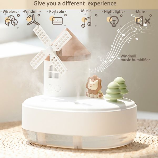 Rotary Windmill Humidifier with Night Light for Bedroom and Office Cold fog humidifier with Music Box , Wireless Humidifier Dual nozzle(White)