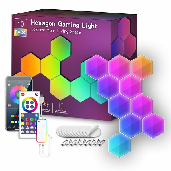 10 Pack-Glide Hexa Light Panels,Hexagon LED Wall Lights, Wi-Fi Smart Home Decor Creative Wall Lights with Music Sync, Christmas， Gaming Decor,