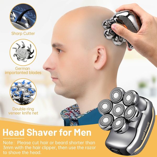 Electric Head Shavers 7D Men's Bald Head Shaver Wet Dry Scalp Shaving 6 in 1 Waterproof Rechargeable Cordless Head Razor Grooming Kit 7 Rotary Heads