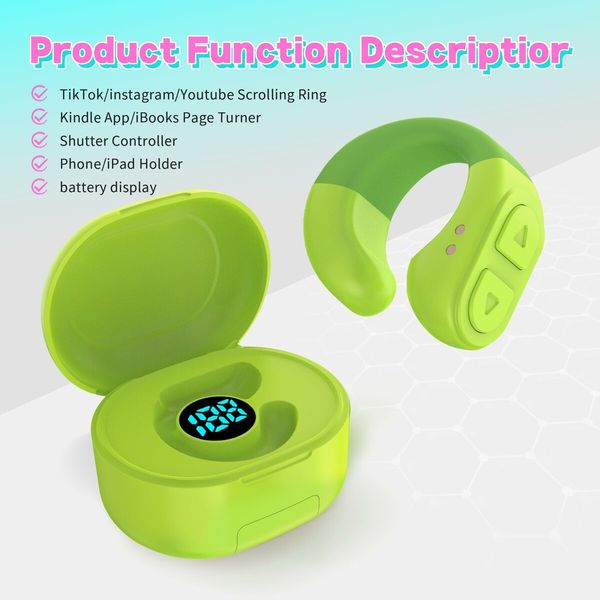 Tiktok Scroll Ring with Bluetooth,Kindle App Remote Page Turner Clicker,with Mobile Phone Holder,Wireless Camera Shutter Selfie Button-Compatible with iPhone,iPad,Android (Green)