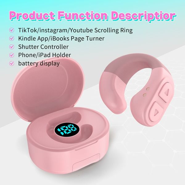 Tiktok Scroll Ring with Bluetooth,Kindle App Remote Page Turner Clicker,with Mobile Phone Holder,Wireless Camera Shutter Selfie Button-Compatible with iPhone,iPad,Android (Pink)