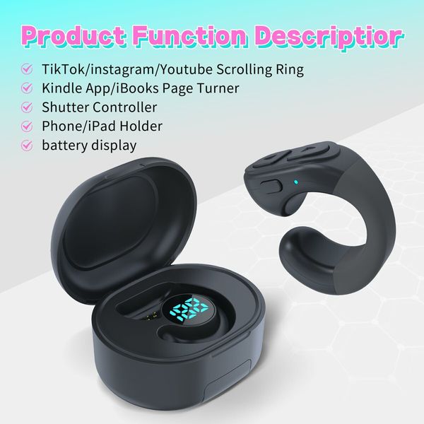 Tiktok Scroll Ring with Bluetooth,Kindle App Remote Page Turner Clicker,with Mobile Phone Holder,Wireless Camera Shutter Selfie Button-Compatible with iPhone,iPad,Android (Black)