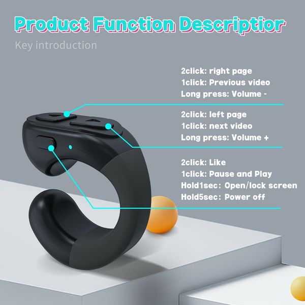 Tiktok Scroll Ring with Bluetooth,Kindle App Remote Page Turner Clicker,with Mobile Phone Holder,Wireless Camera Shutter Selfie Button-Compatible with iPhone,iPad,Android (Black)