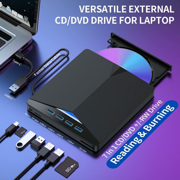 External CD/DVD Drive for Laptop,7 in 1 USB 3.0 DVD Player Portable CD/DVD Burner,CD ROM External DVD Drive for Laptop Compatible with Laptop Desktop PC Windows 11/10/8/7 Linux Mac OS (Jet Black)