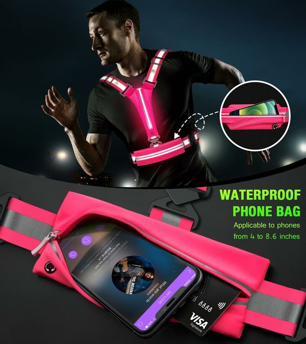 LED Reflective Vest Running Gear Set,USB Rechargeable Light Up Running Vest for Runners Night Walking with Waterproof Phone Bag,High Visibility Armband,Adjustable Waist&Shoulder for Men Women (Pink)