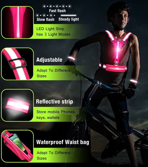 LED Reflective Vest Running Gear Set,USB Rechargeable Light Up Running Vest for Runners Night Walking with Waterproof Phone Bag,High Visibility Armband,Adjustable Waist&Shoulder for Men Women (Pink)