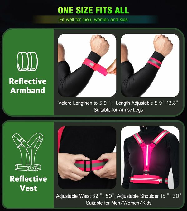 LED Reflective Vest Running Gear Set,USB Rechargeable Light Up Running Vest for Runners Night Walking with Waterproof Phone Bag,High Visibility Armband,Adjustable Waist&Shoulder for Men Women (Pink)