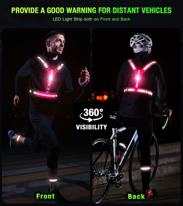 LED Reflective Vest Running Gear Set,USB Rechargeable Light Up Running Vest for Runners Night Walking with Waterproof Phone Bag,High Visibility Armband,Adjustable Waist&Shoulder for Men Women (Pink)