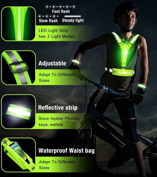 LED Reflective Vest Running Gear Set,USB Rechargeable Light Up Running Vest for Runners Night Walking with Waterproof Phone Bag,High Visibility Armband,Adjustable Waist&Shoulder for Men Women (Green)