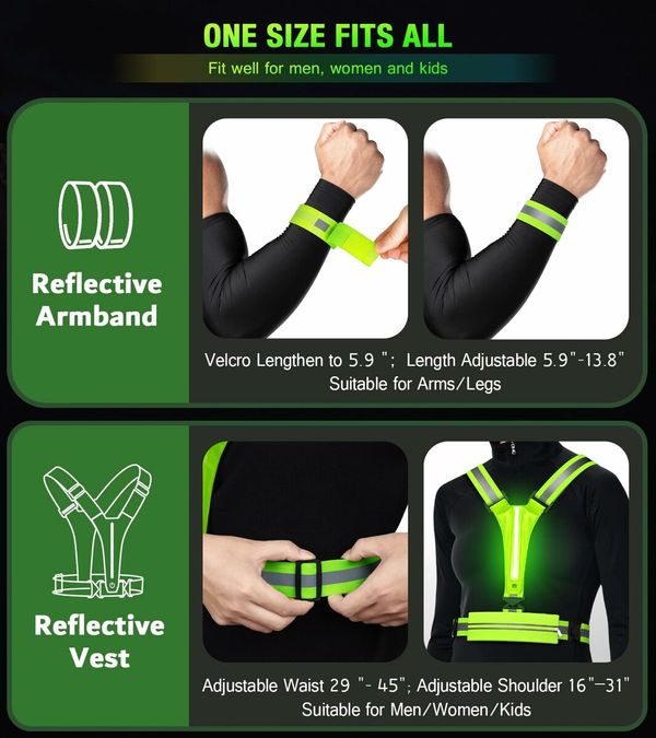 LED Reflective Vest Running Gear Set,USB Rechargeable Light Up Running Vest for Runners Night Walking with Waterproof Phone Bag,High Visibility Armband,Adjustable Waist&Shoulder for Men Women (Green)