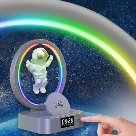 3 in-1 Magnetic Levitation Astronaut Bluetooth Speaker Alarm Clock with Night Light for Bedroom Home Office Decor for Kids Adults (Silver)