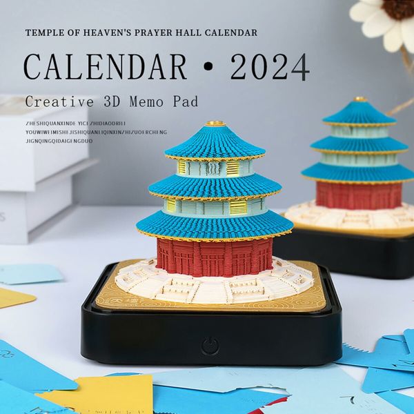 3D Calendar Memo Pad,3D Art Notepad Desk Calendar with Lights, 2024 Calendar Notepad DIY Creative Paper Carving Gift Desk Decoration