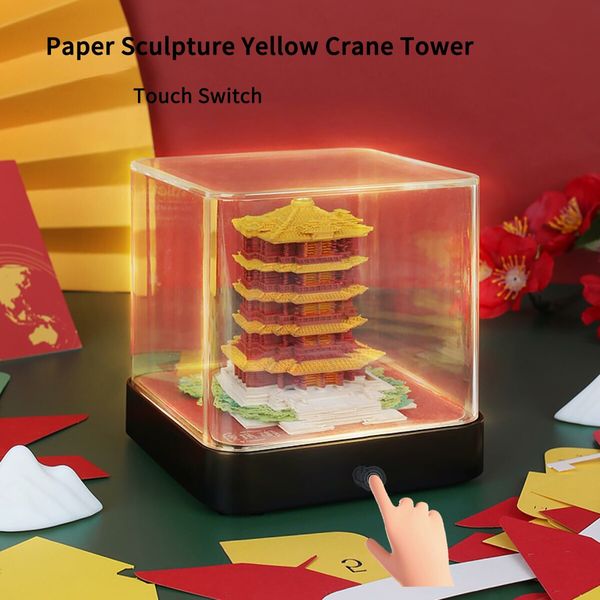 2024 Calendar Memo Pad With Lights, 3D Yellow Crane Tower Calendar Notepad, Creative Desk Calendar DIY Paper Carving Art Decoration Gift