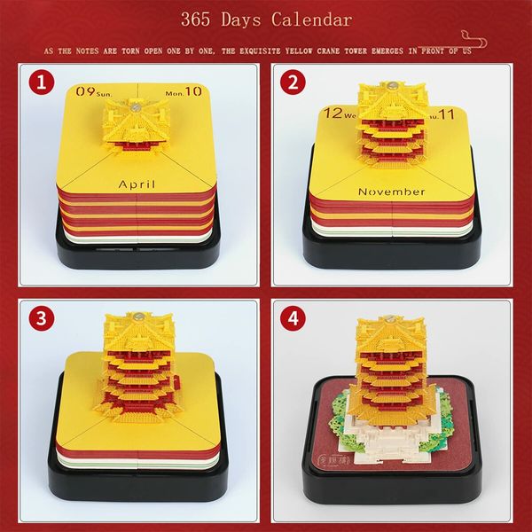 2024 Calendar Memo Pad With Lights, 3D Yellow Crane Tower Calendar Notepad, Creative Desk Calendar DIY Paper Carving Art Decoration Gift