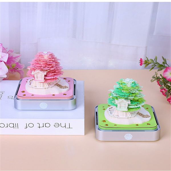 Desk Calendar With Lights 2024 DIY Calendar 3D Memo Pad Paper Art Sakura Tree Calendar  for Teacher,Monthly Calendar Gift Desktop Decoration (Green)