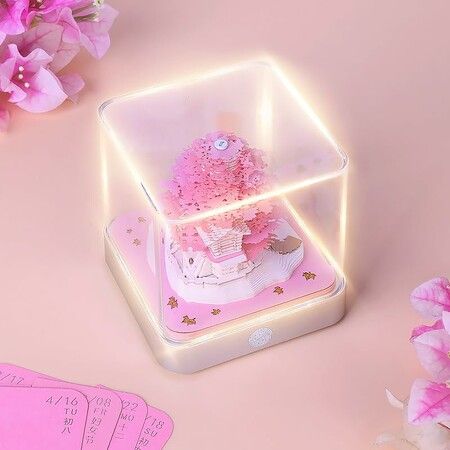 Desk Calendar With Lights 2024 DIY Calendar 3D Memo Pad Paper Art Sakura Tree Calendar  for Teacher,Monthly Calendar Gift Desktop Decoration (Green)