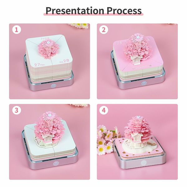 Desk Calendar With Lights 2024 DIY Calendar 3D Memo Pad Paper Art Sakura Tree Calendar  for Teacher,Monthly Calendar Gift Desktop Decoration (Pink)