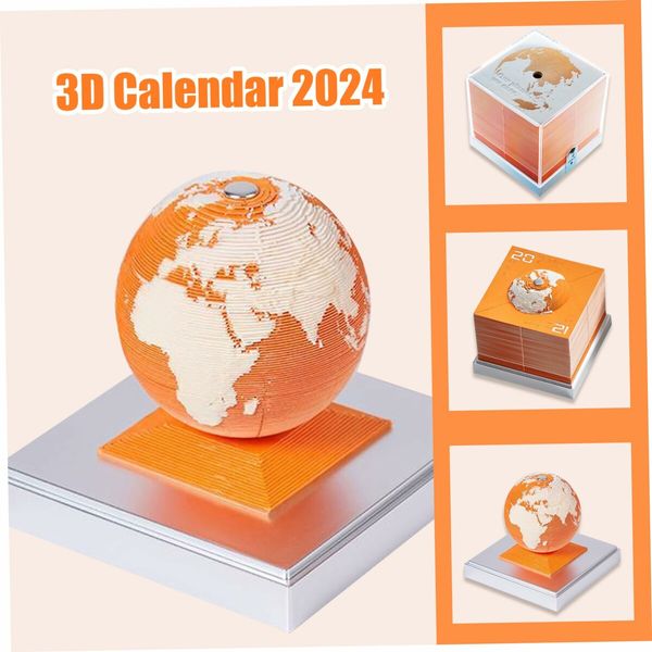 2024 3D Calendar DIY Earth Timepiece Calendar 2024 Desk Calendar Desktop Tear Away Calendar Sculpture Non-sticky Artsy Pads for Home Office School (Orange)