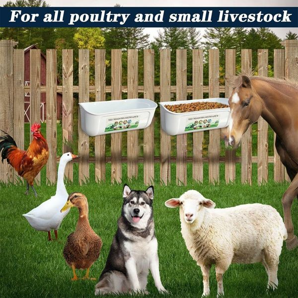 2 Pack Chicken Feeder Box Feed Trough and Waterer Bucket with Clips for Goat Duck Turkey Sheeple Pig Horse Chicken Deer Goose, Goat Feeder Supplies Color White