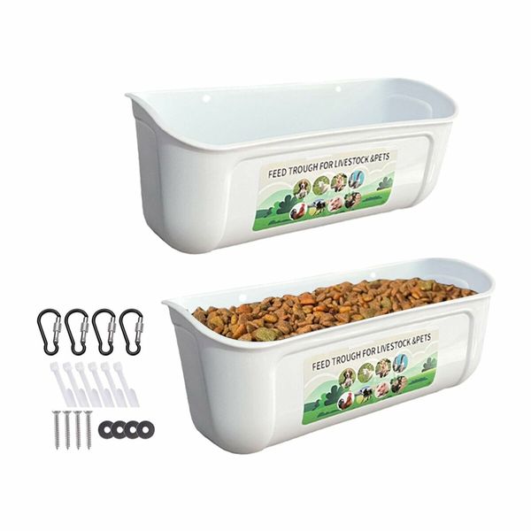 2 Pack Chicken Feeder Box Feed Trough and Waterer Bucket with Clips for Goat Duck Turkey Sheeple Pig Horse Chicken Deer Goose, Goat Feeder Supplies Color White