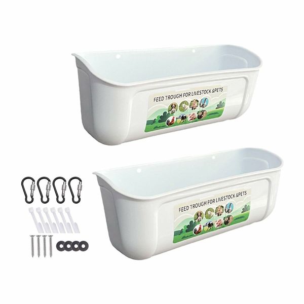 2 Pack Chicken Feeder Box Feed Trough and Waterer Bucket with Clips for Goat Duck Turkey Sheeple Pig Horse Chicken Deer Goose, Goat Feeder Supplies Color White