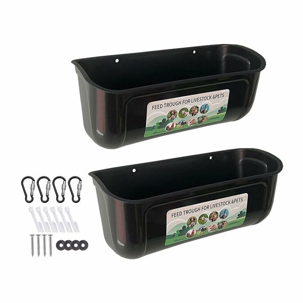 2 Pack Chicken Feeder Box Feed Trough and Waterer Bucket with Clips for Goat Duck Turkey Sheeple Pig Horse Chicken Deer Goose, Goat Feeder Supplies Color Black